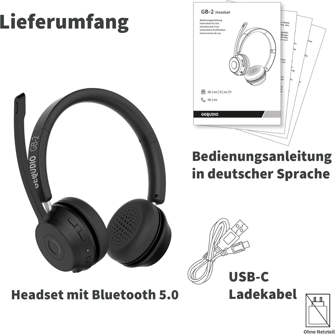 GEQUDIO GB-2 Headset mit Mikrofon Bluetooth | Kopfhörer Kabellos | Passives Noise Cancelling | 2 Ger