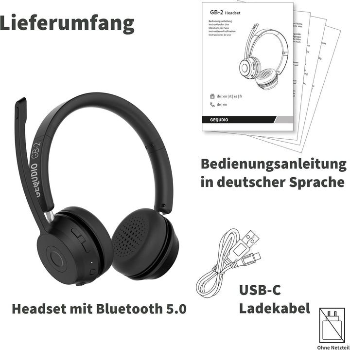 GEQUDIO GB-2 Headset mit Mikrofon Bluetooth | Kopfhörer Kabellos | Passives Noise Cancelling | 2 Ger