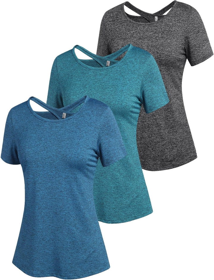 ADOME Damen Sport T-Shirt Kurzarm Sportshirt Funktionsshirt Yoga Shirt Rückenfreies Oberteil Laufshi