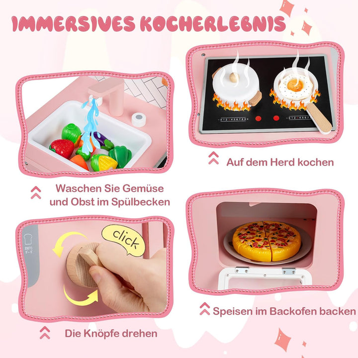 COSTWAY Kinderküche Holz, Spielküche mit Herd, Spüle, Wasserhahn & Ofen, Mini Küche mit Kochgeschirr