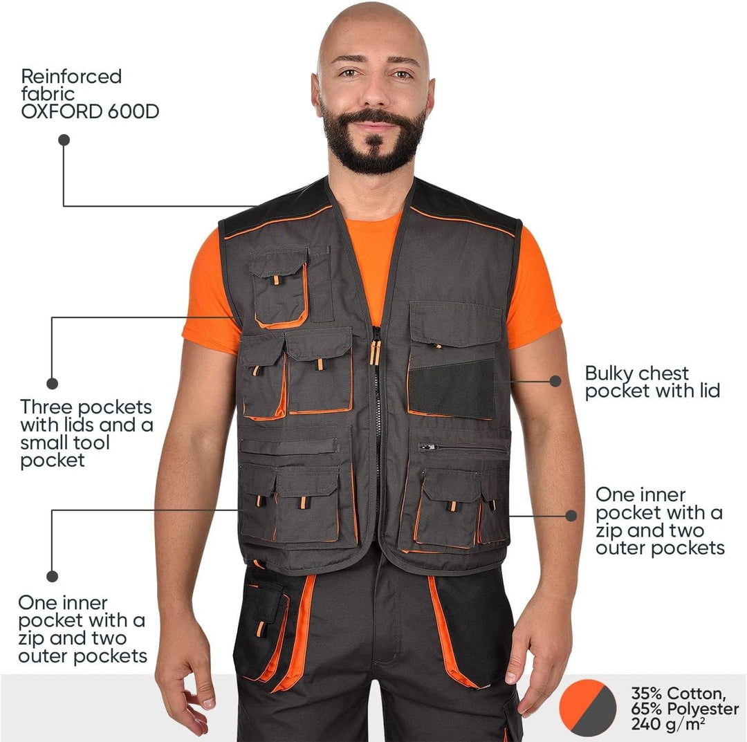 BWOLF Atlas Multifunktionale Arbeitsweste Herren Arbeitsweste Classic Grau/Orange S Grau/Schwarz/Ora