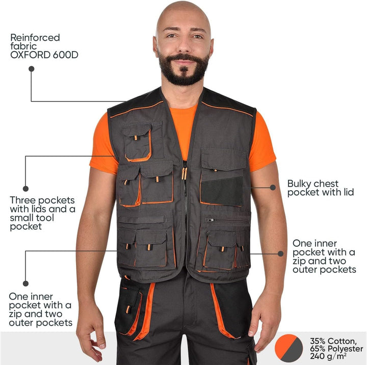 BWOLF Atlas Multifunktionale Arbeitsweste Herren Arbeitsweste Classic Grau/Orange S Grau/Schwarz/Ora