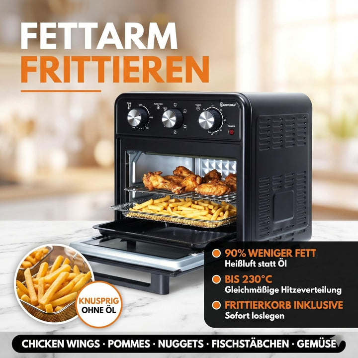 Sommertal Minibackofen 20 Liter mit Umluft & Heissluftfritteuse, Mini Backofen 1800W zum Backen, Gri