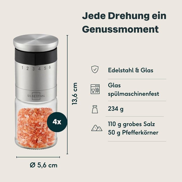SILBERTHAL Pfeffer- & Salzmühle 4er Set – Mit aussenliegendem Einstellring - 6-Stufen-Mahlwerk, lang