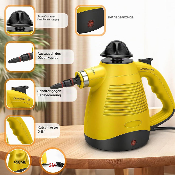 Dampfreiniger, Dampfreiniger Handgerät 1050W für zuhause, 450ml Wassertank, 3,5 Bar Dampfdruck, 8 Zu