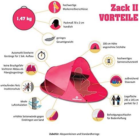 outdoorer Pop up Strandmuschel Zack II - Wurf-Strandmuschel mit UV-Schutz 60, Sonnenschutz und Winds