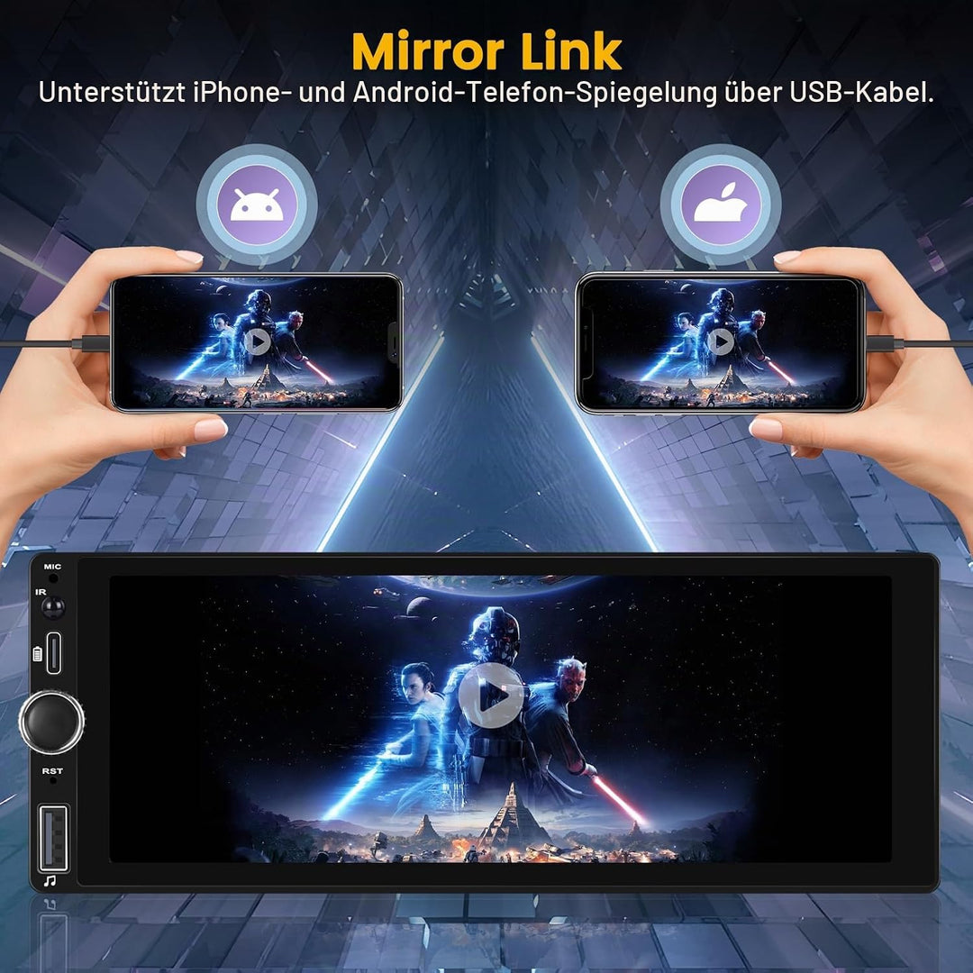 Hikity 1 DIN Wireless Carplay Autoradio 6,9” Touchscreen Auto Radio Android Auto Bildschirm mit Blue