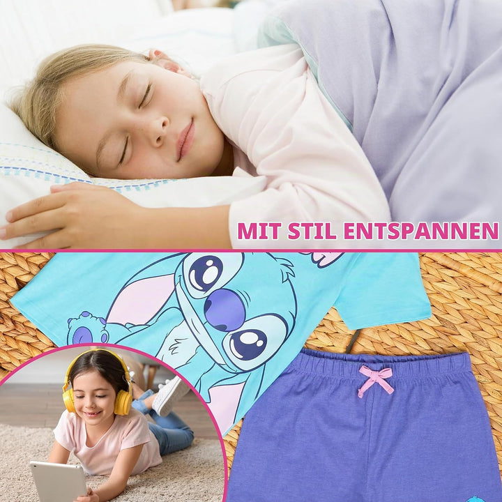Disney Stitch Schlafanzug Mädchen Kurz, Pyjama T-Shirt &amp; Shorts - Stitch Sachen 6-7 Jahre Blau/Lila