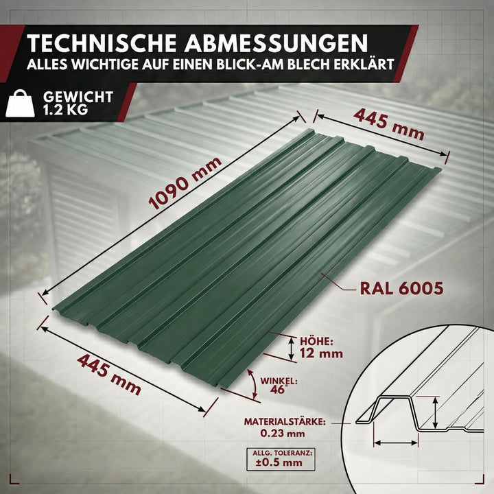 Trapezblech Dachplatten 22er Set RAL6005 Grün | 1090x445mm, verzinkt Grün RAL 6005 22er Set, Grün RA