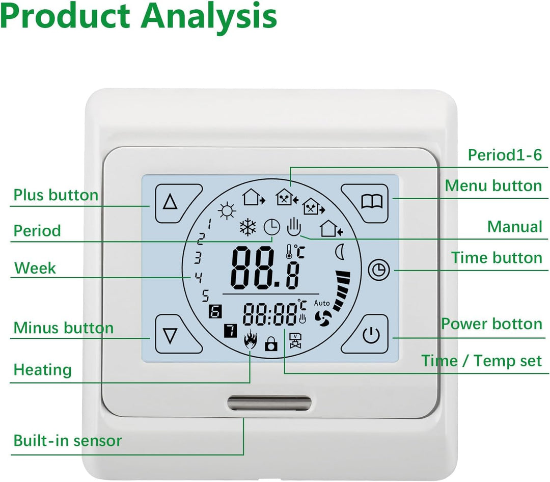 Wengart Raumthermostat Thermostat programmierbar LCD Touchscreen Digital weiss WG809, Unterputz für