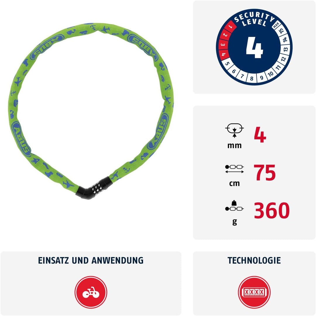 ABUS Kettenschloss Steel-O-Chain 4804C SYMBOLS – Zahlenschloss für Kinderfahrräder – ABUS-Sicherheit