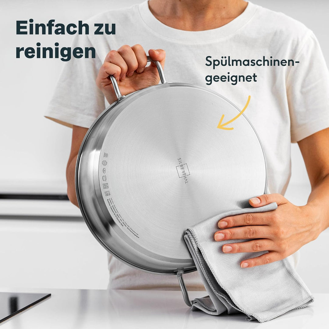 SILBERTHAL Schmorpfanne Unbeschichtet 28 cm hoher Rand - Servierpfanne mit Deckel - Backofengeeignet