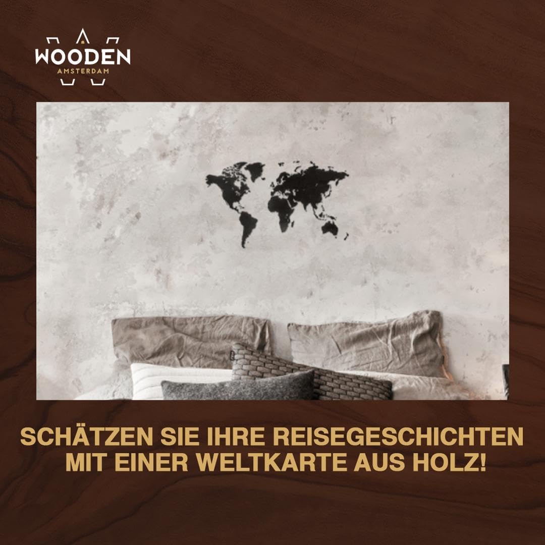 Weltkarte Holz DIY Schwarz | 90 x 54 cm Wanddeko aus FSC-zertifiziertem HDF | 48 Pins &amp; 25 Inseln zu