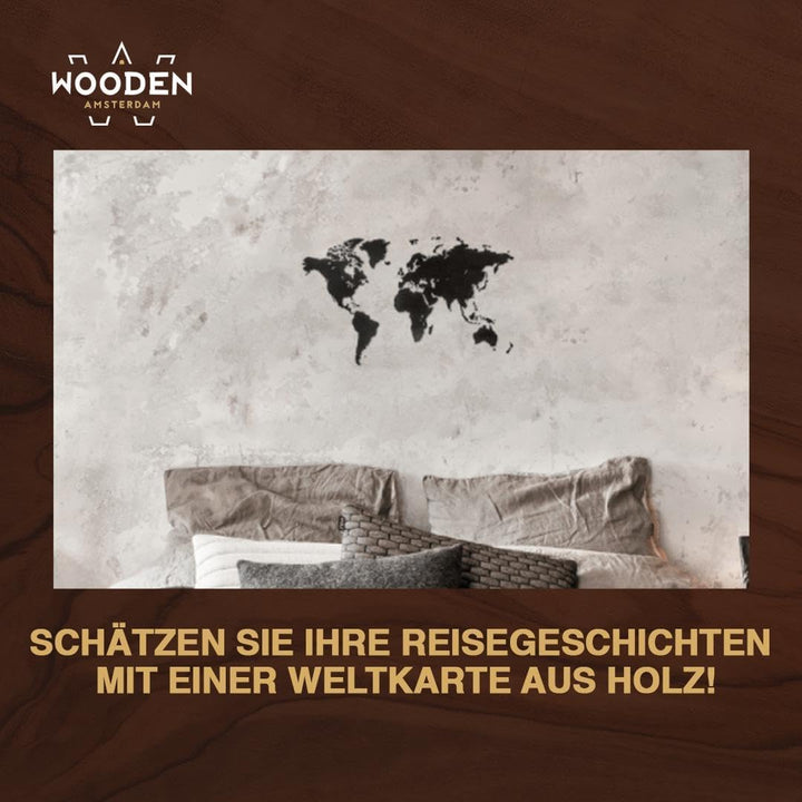 Weltkarte Holz DIY Schwarz | 90 x 54 cm Wanddeko aus FSC-zertifiziertem HDF | 48 Pins &amp; 25 Inseln zu