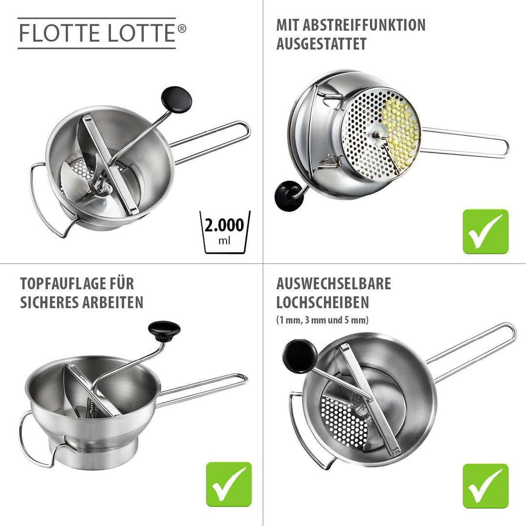 Küchenhelfer Set: GEFU Passiergerät Flotte Lotte® & GEFU Einfülltrichter VERSARE - manuelle Edelstah