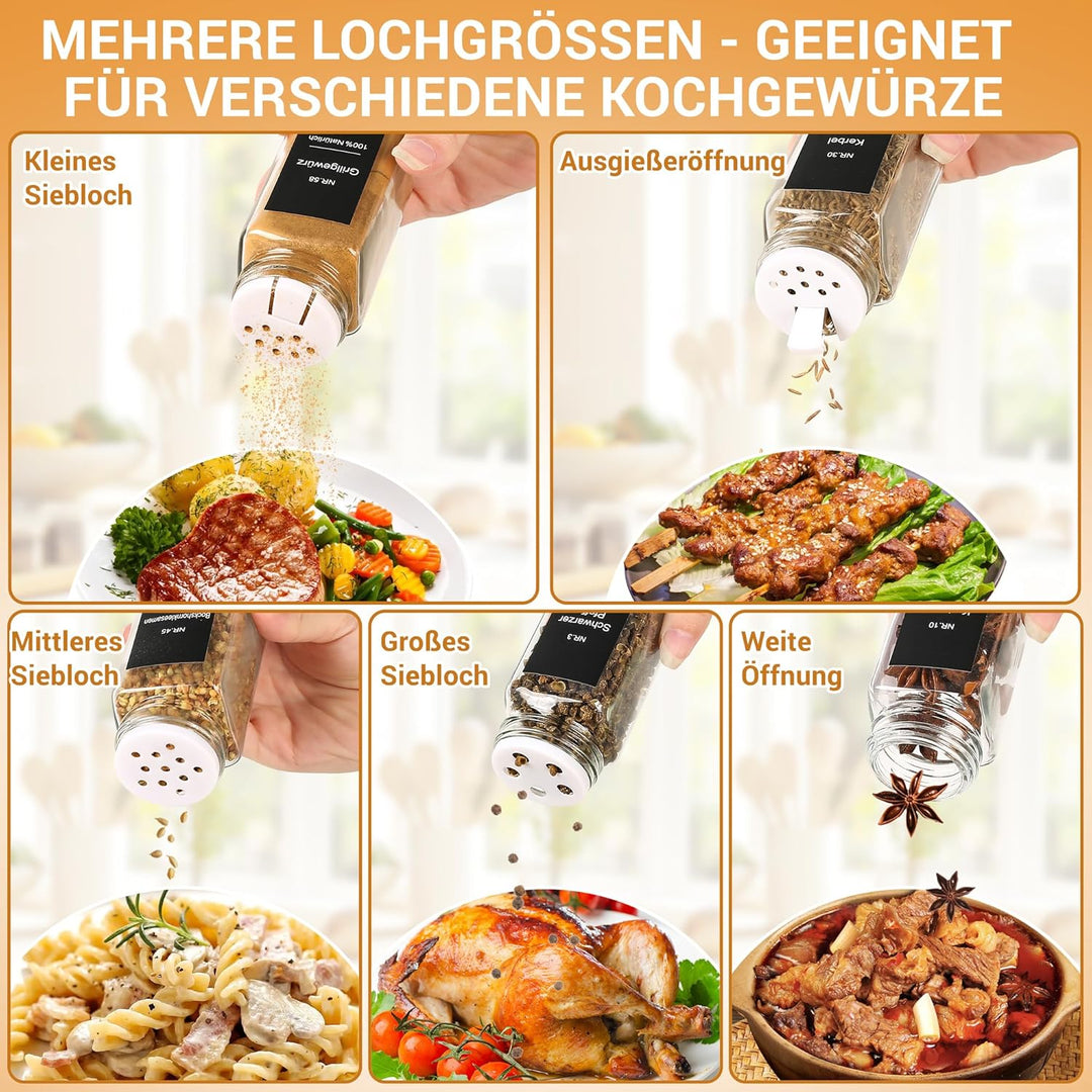 Gewürzgläser Eckig Set 24er - Gewürzdosen Glas 120ml mit Etiketten & Streueinsatz - Gewürzbehälter f