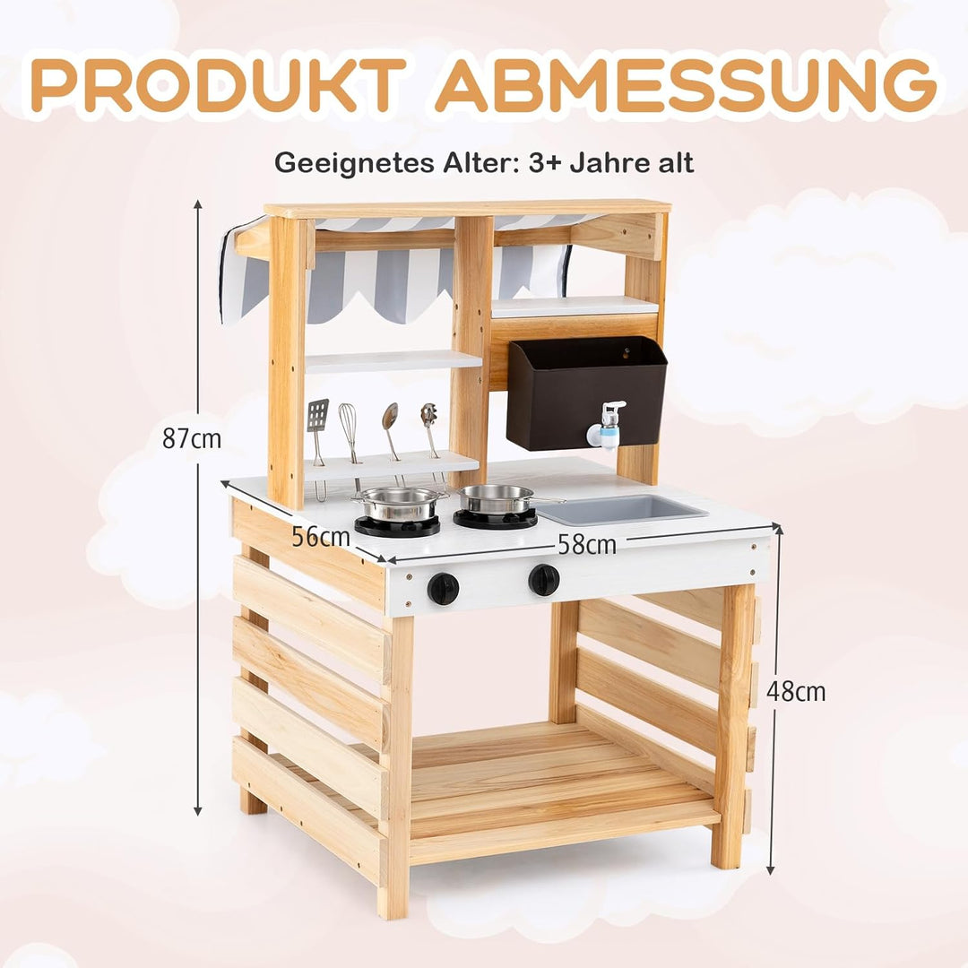 COSTWAY Matschküche Kinder Outdoor, Kinderküche Tannenholz mit Wasserfunktion, Doppelseitige Spielkü