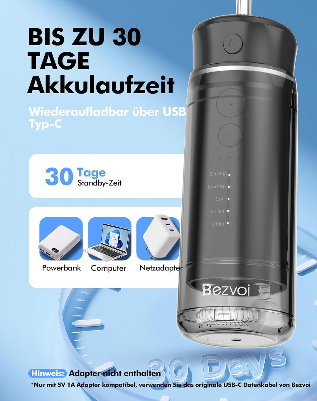 Reise Munddusche Kabellos Zahnreinigung: Oral Irrigator mit 5 Modi, 180ML Wassertank IPX7 Wasserdich