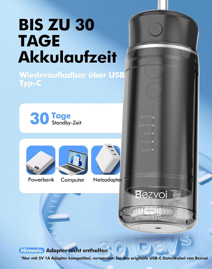 Reise Munddusche Kabellos Zahnreinigung: Oral Irrigator mit 5 Modi, 180ML Wassertank IPX7 Wasserdich