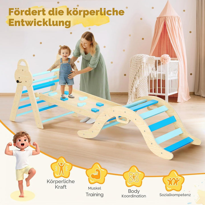7-in-1 Montessori Klettergerüst Indoor, Kletterdreieck mit Rutsche &amp; Kletterbogen, stabiles Holzklet