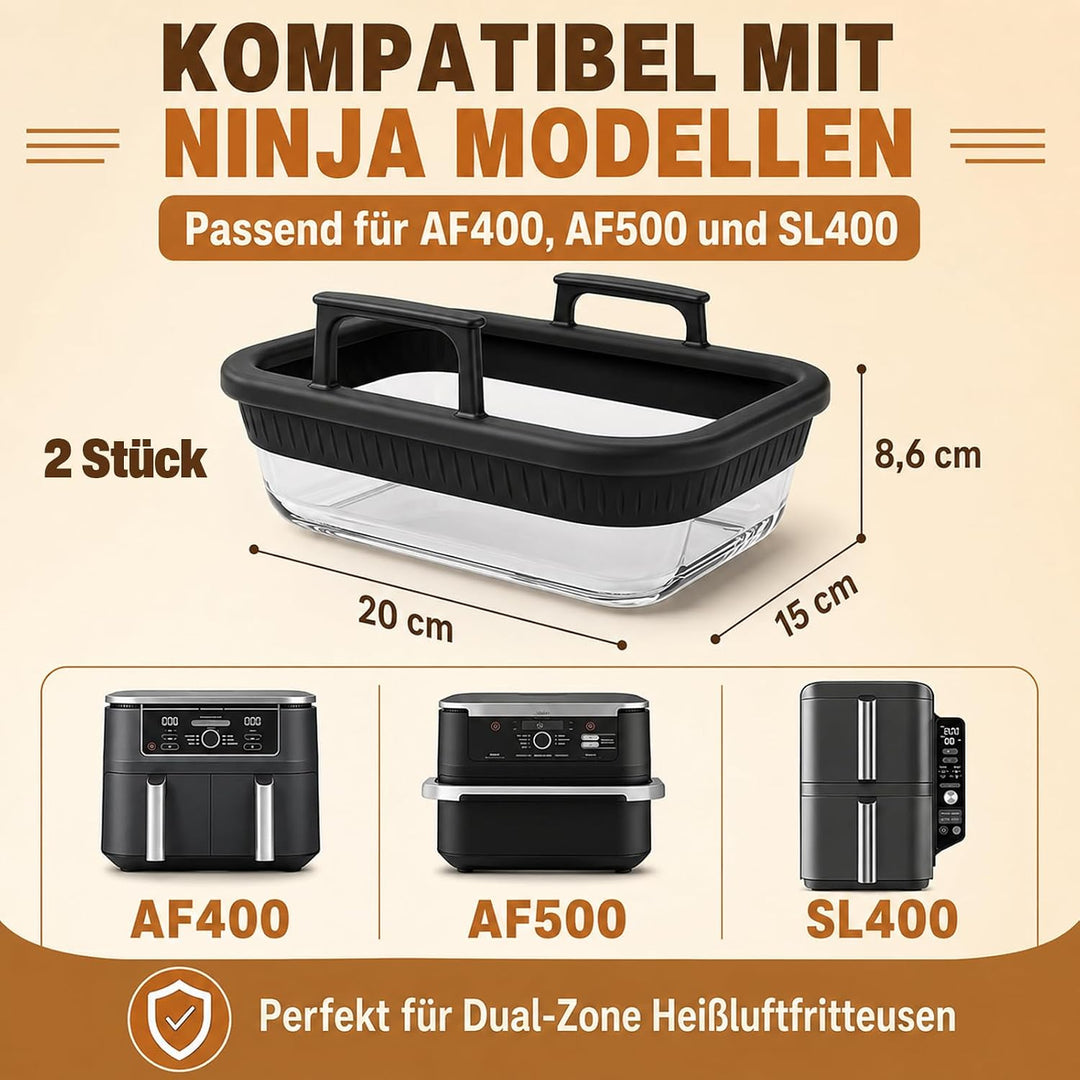 ZYNERY Glas-Auflaufform für Heissluftfritteuse mit Silikongriffen, Heissluftfritteusen-Zubehör mit D