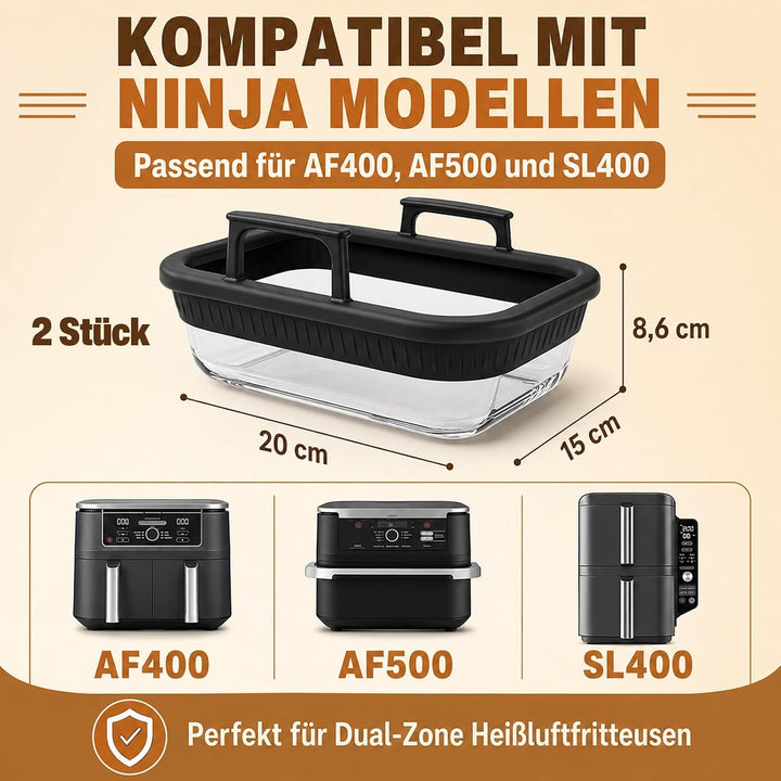 ZYNERY Glas-Auflaufform für Heissluftfritteuse mit Silikongriffen, Heissluftfritteusen-Zubehör mit D