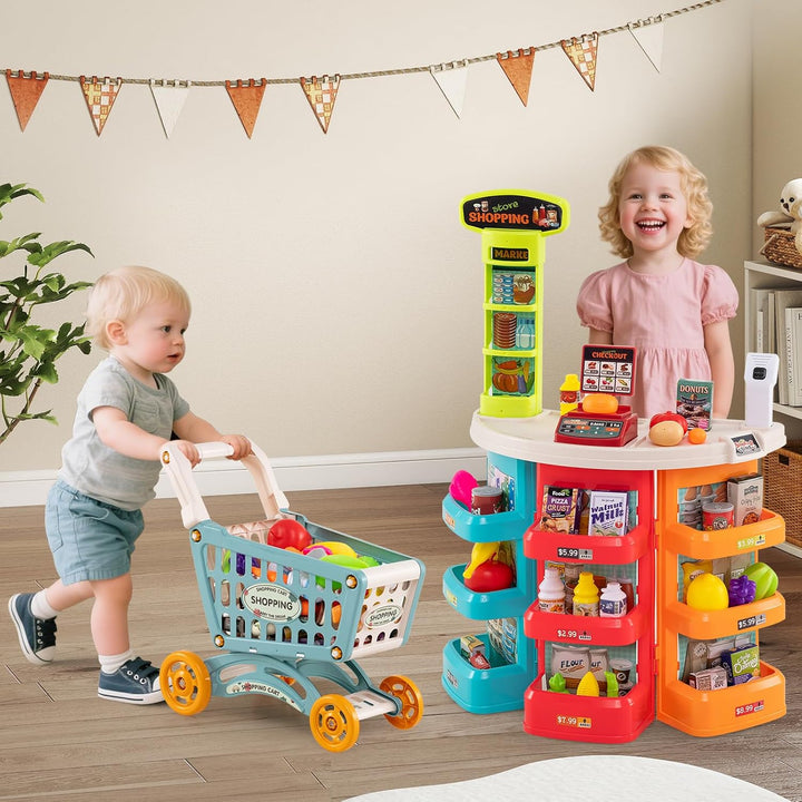 COSTWAY Kaufladen mit Einkaufswagen, Kinder Kaufmannsladen mit Waage, Regalen, Scanner mit Licht & S