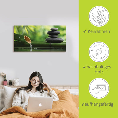 ARTland Leinwandbilder Wandbild Bild auf Leinwand 150x75 cm Wellness Zen Stein Fotografie Grün Bambu