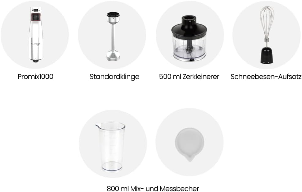 Kuvings 4-in-1 MIXPRO1000 Elektrischer Stabmixer aus Eco Edelstahl, 100W Pürierstab, Sicherheitshebe
