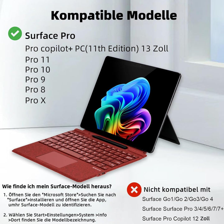 Deutsche QWERTZ Layout Tastatur für Microsoft Surface Pro 11/10 / 9/8 / X, 13 Zoll - Ultraflaches, b
