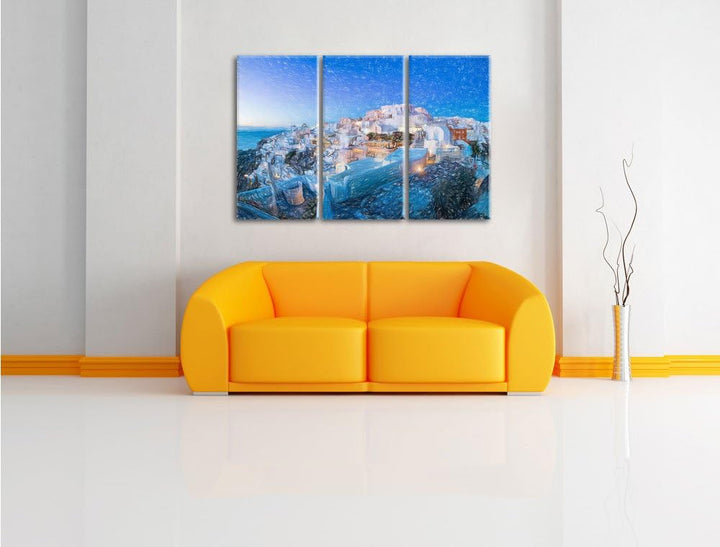 Pixxprint Oia Dorf am Sonnenuntergang Santorin Kunst Buntstift Effekt 3-Teiler Leinwandbild 120x80 B