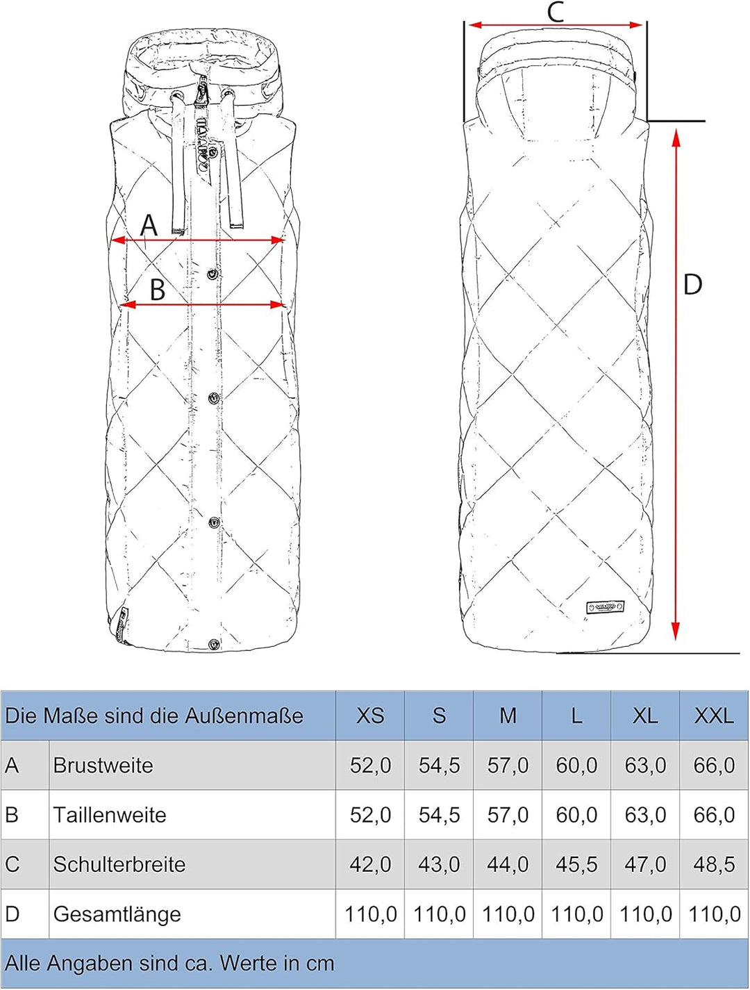 Navahoo warme Damen Winter Steppweste lang mit Kapuze Schnuckel XS-XXL S Apple Red, S Apple Red