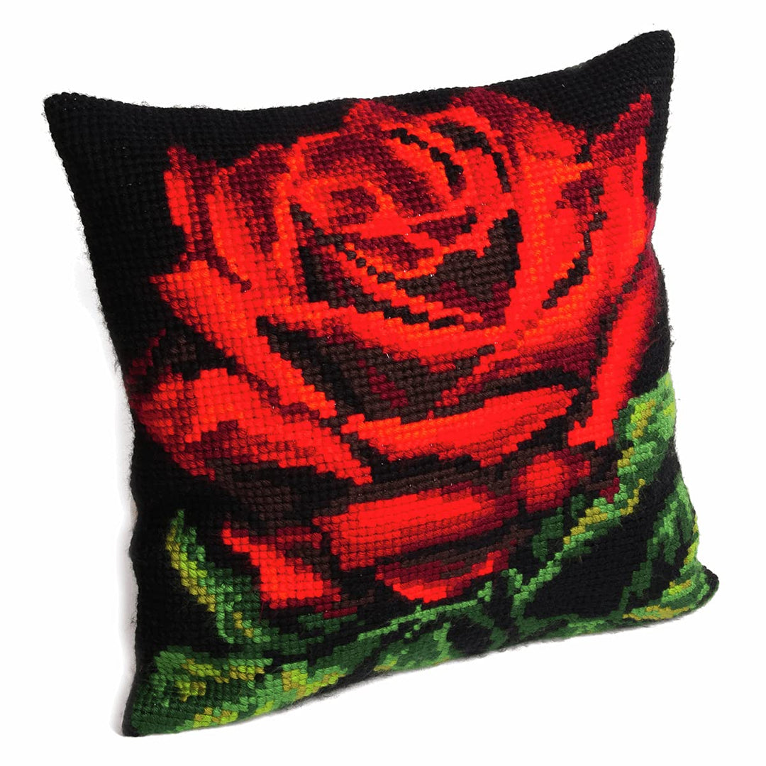 Collection d'Art CdA Kreuzstichkissen Rote Rose 5104, 40x40cm, Stickbild vorgezeichnet Damast Rose,