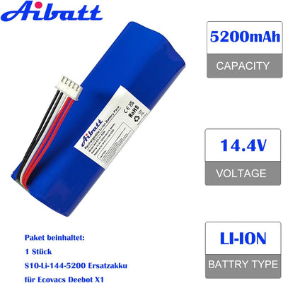 Aibatt 14.8V 5200mAh Li-lon Akku, Ersatzakku für Ecovacs Deebot T8 Pure,T8+, Deebot T9, Deebot T10,