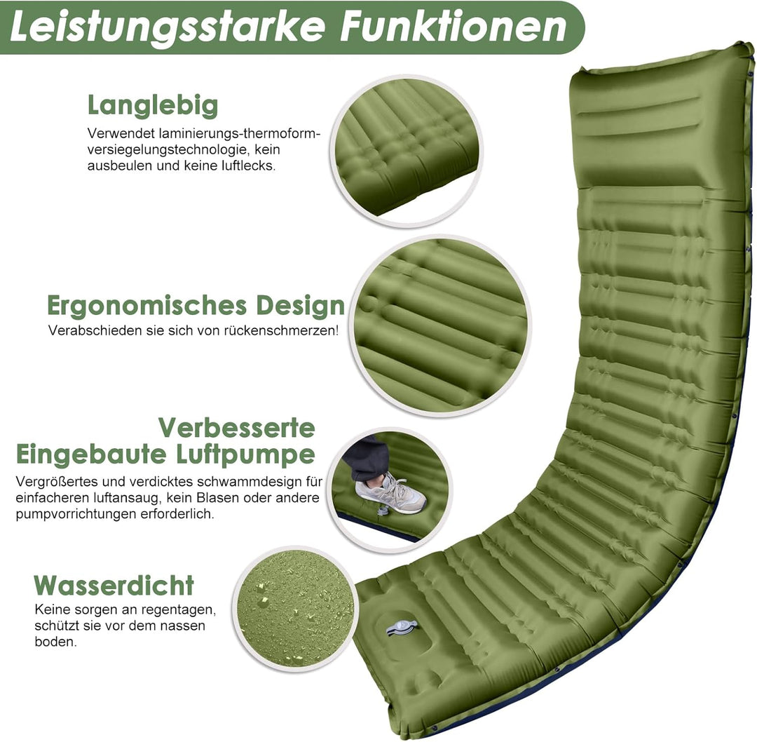 Isomatte, 12CM Dicke Luftmatratze Camping mit Fusspresse Pumpe und Kissen, Anti-Ripstop Tragbar Schl