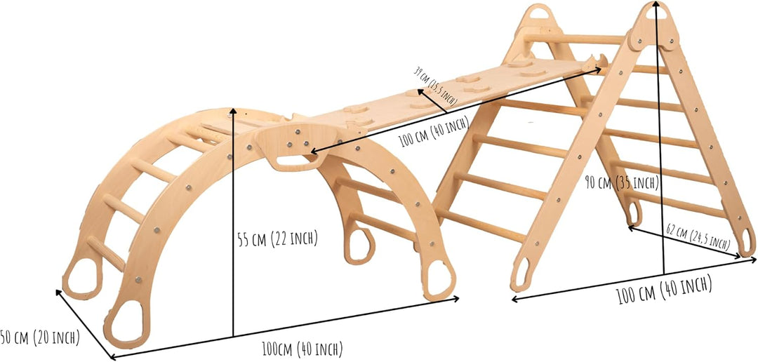 WoodsCraft 4in1 Set: Grosse Kletterbogen mit Kissen & Kletterdreieck mit 2in1: Rutsche Indoor/Klette