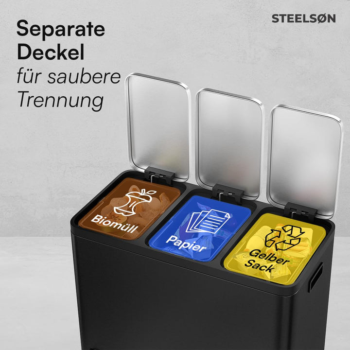 STEELSØN Epsilon Mülleimer 3 Fächer – Mülltrennsystem Küche 3x15L aus Edelstahl Schwarz – Tretmüllei