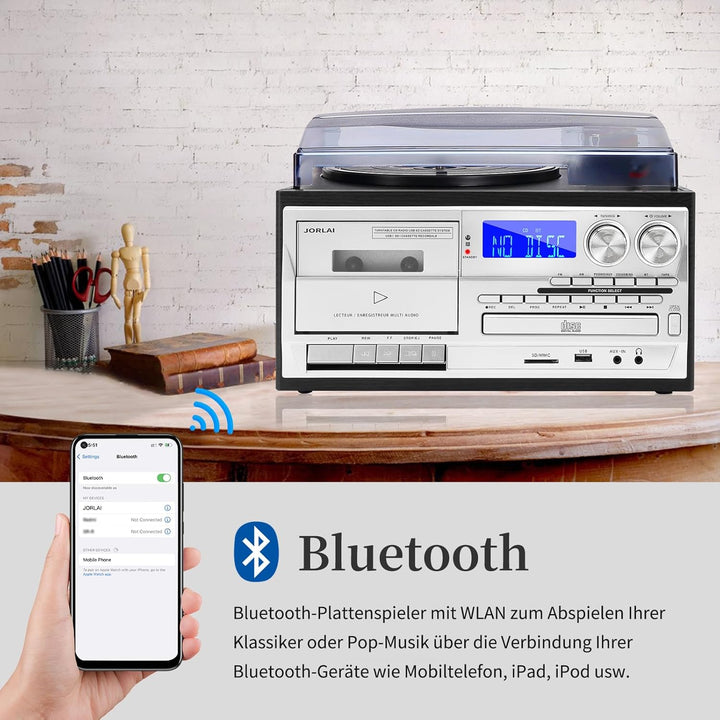 JORLAI Plattenspieler 3 Geschwindigkeiten Record Player mit Fernbedienung, Vinyl Bluetooth Phonograp