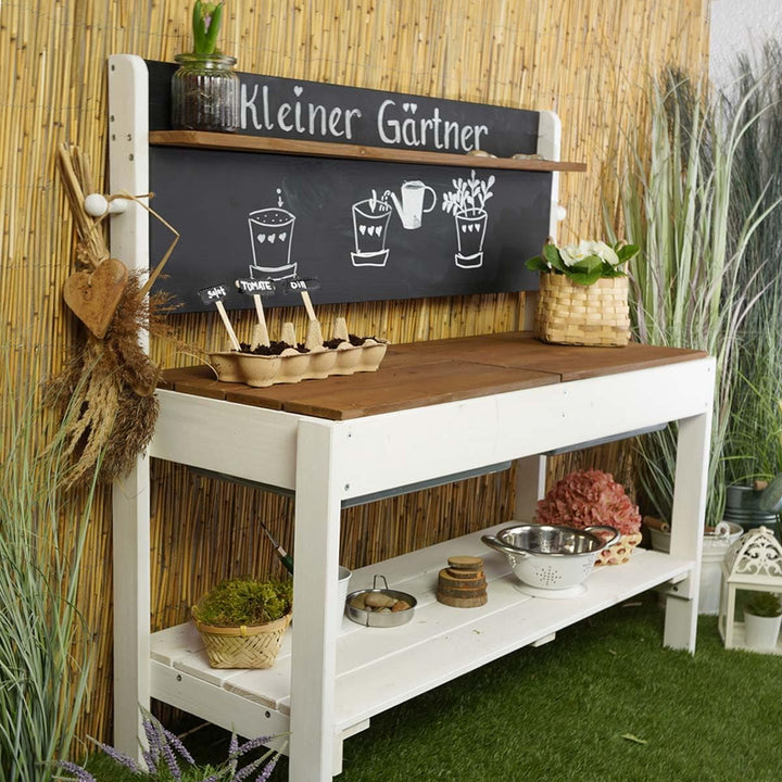 Meppi Matschküche Kleiner Gärtner aus Holz - Outdoorküche für Kinder mit Matschwannen - Pflanztisch