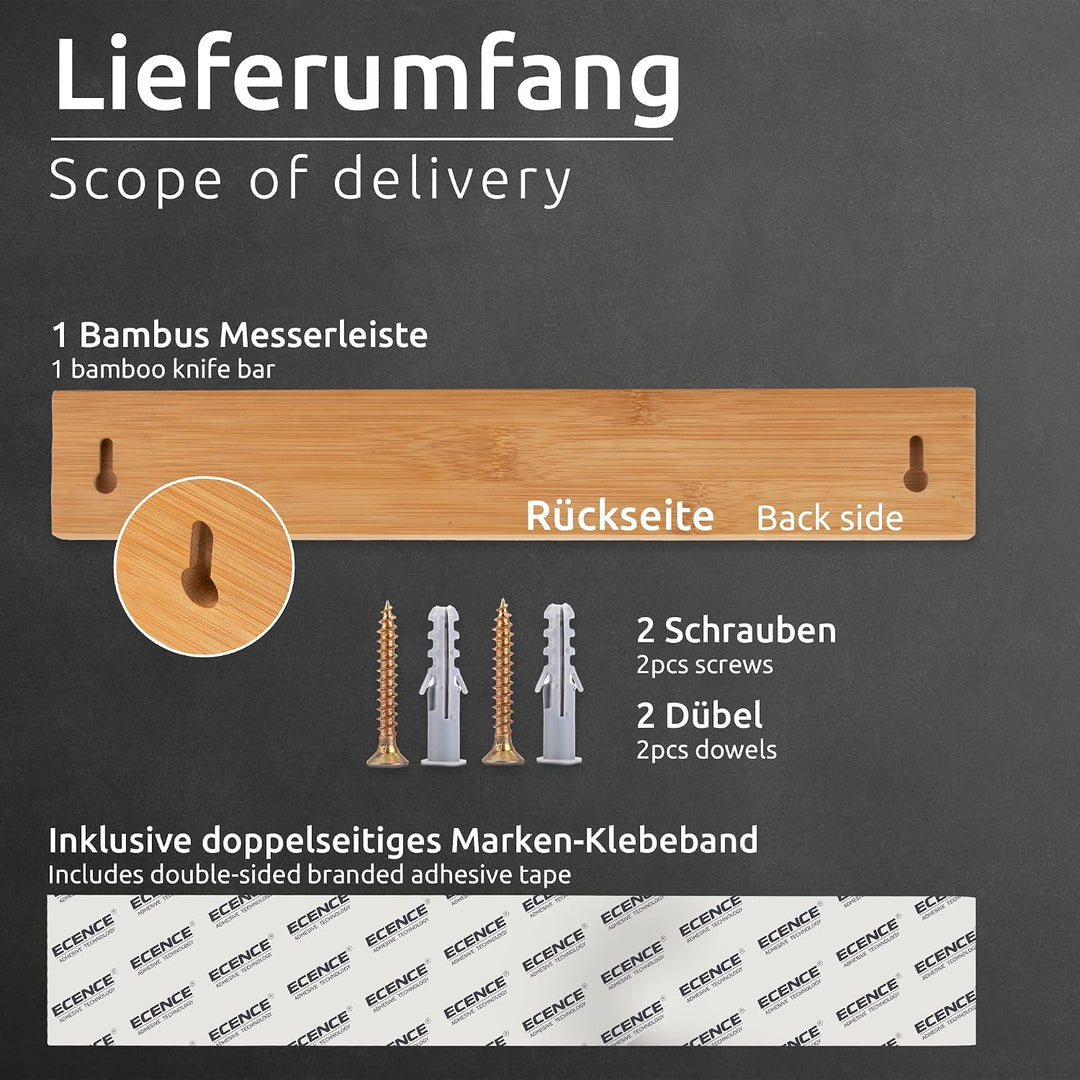ECENCE Magnetleiste Messer selbstklebend 40cm - Messerleiste magnetisch aus Bambus-Holz mit starkem