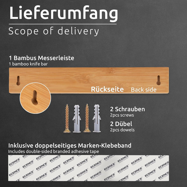 ECENCE Magnetleiste Messer selbstklebend 40cm - Messerleiste magnetisch aus Bambus-Holz mit starkem