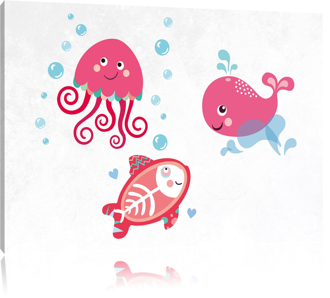 Pixxprint und verspielte Unterwasser Tiere als Leinwandbild/Grösse: 100x70 cm/Wandbild/Kunstdruck/fe