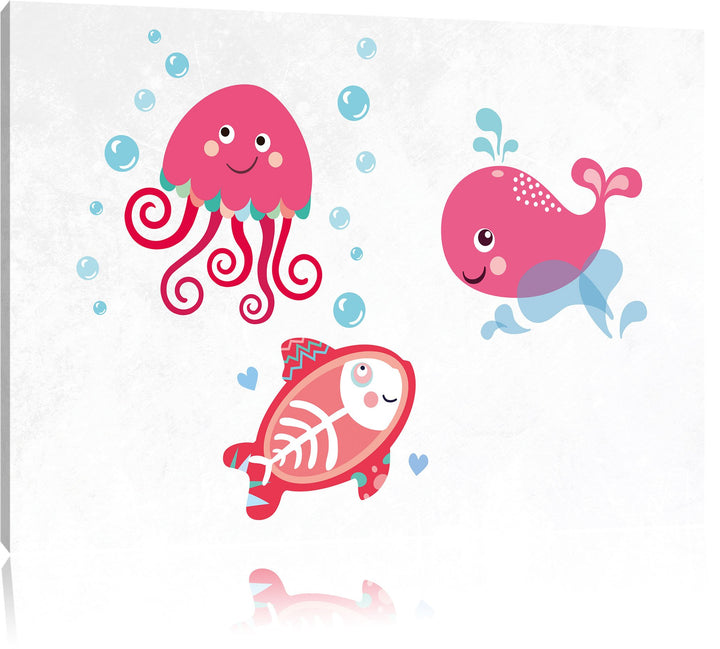 Pixxprint und verspielte Unterwasser Tiere als Leinwandbild/Grösse: 100x70 cm/Wandbild/Kunstdruck/fe