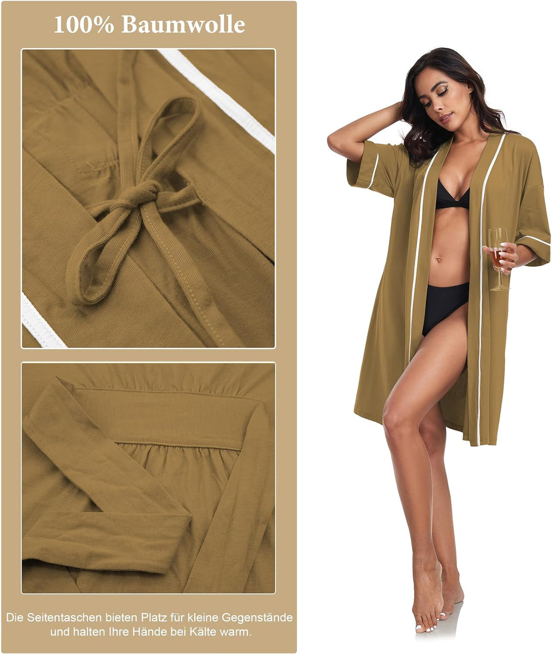 COLORFULLEAF 100% Baumwolle Bademantel Damen Kurz Morgenmantel Leicht Knielang Kimono Saunamantel Na