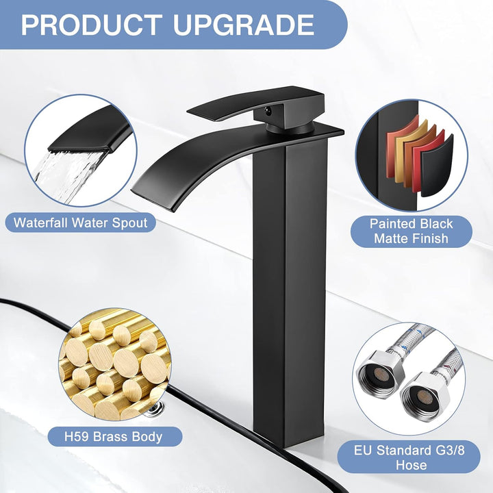 kisimixer Wasserfall Wasserhahn Bad Schwarz Matt, Hoch Wasserfall Waschtischarmatur, Waschbecken Was