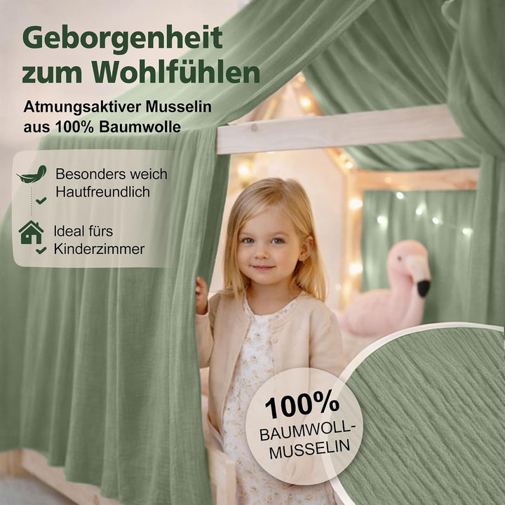 Hausbett Himmel Deko Set, Betthimmel Hausbett aus Musselin - 1 Betthimmel &amp; 1 Wimpelkette, für Junge