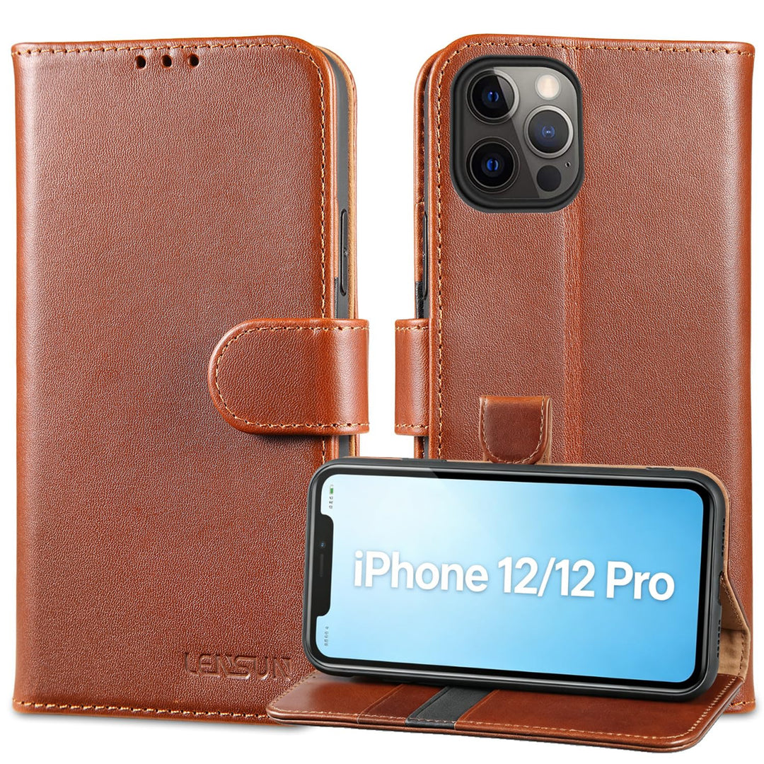 LENSUN Echtleder Hülle für iPhone 12, iPhone 12 Pro Handyhülle Echtes Leder Etui [Kartenfach][RFID B