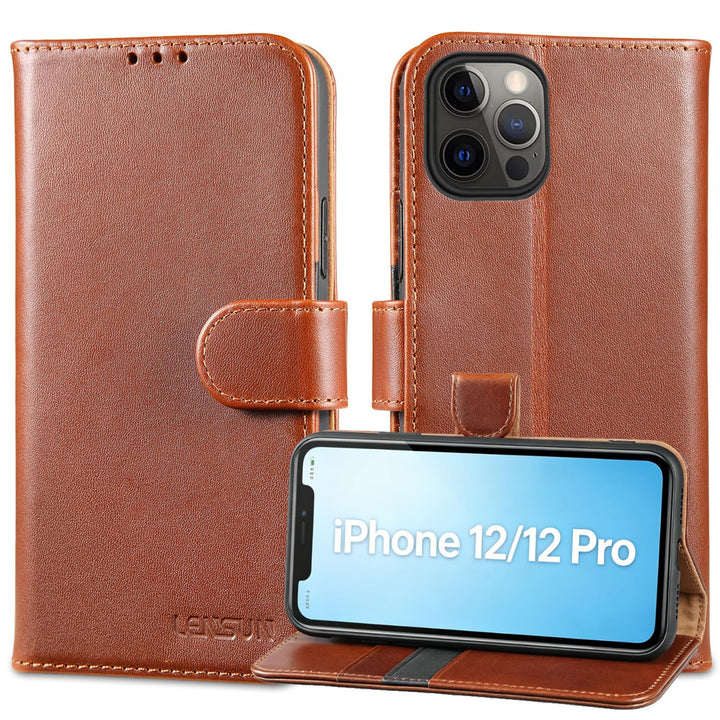LENSUN Echtleder Hülle für iPhone 12, iPhone 12 Pro Handyhülle Echtes Leder Etui [Kartenfach][RFID B