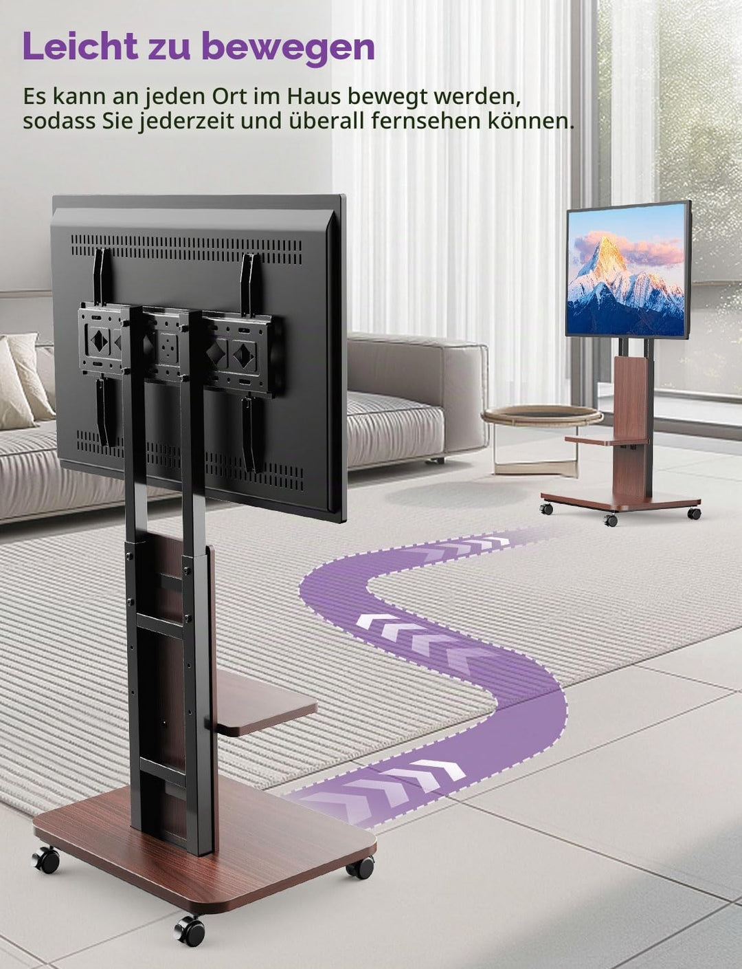 TV Ständer Rollbar mit Holzablage, Fernsehständer auf Rollen für 32-75 Zoll Fernseher, TV Bodenständ