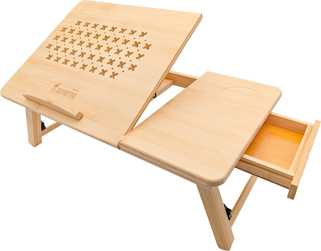 Klappbarer Laptoptisch, verstellbar mit Belüftung, Holzbettständer, Happy Sunday